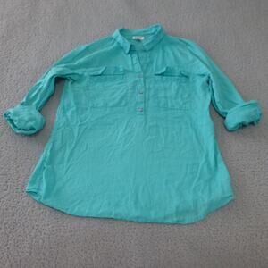 Old Navy Shirt Womens Large Henley Button Up Roll Tab Sleeve Blue Linen Blend